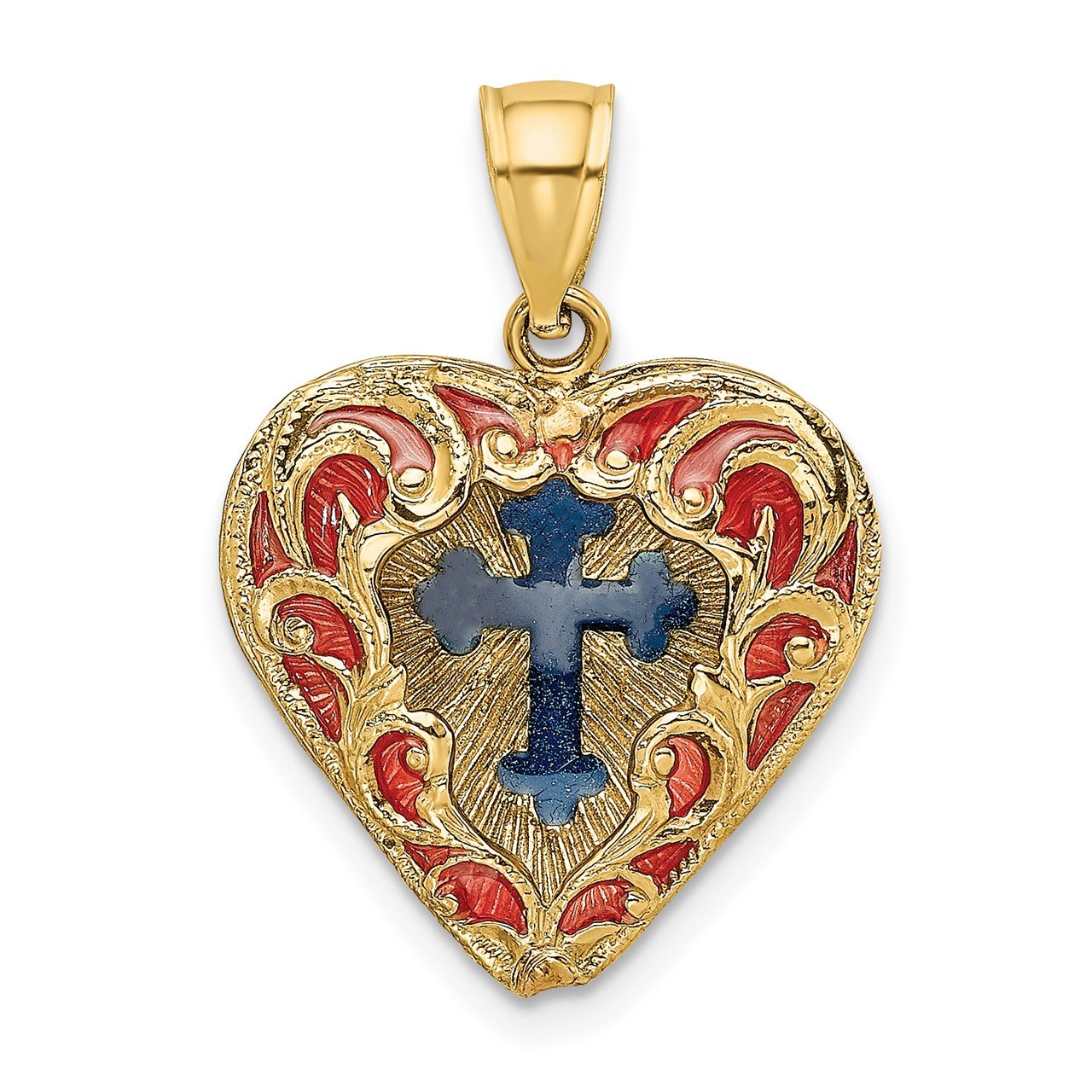 14K Reversible Red and Blue Enameled Cross In Heart Charm