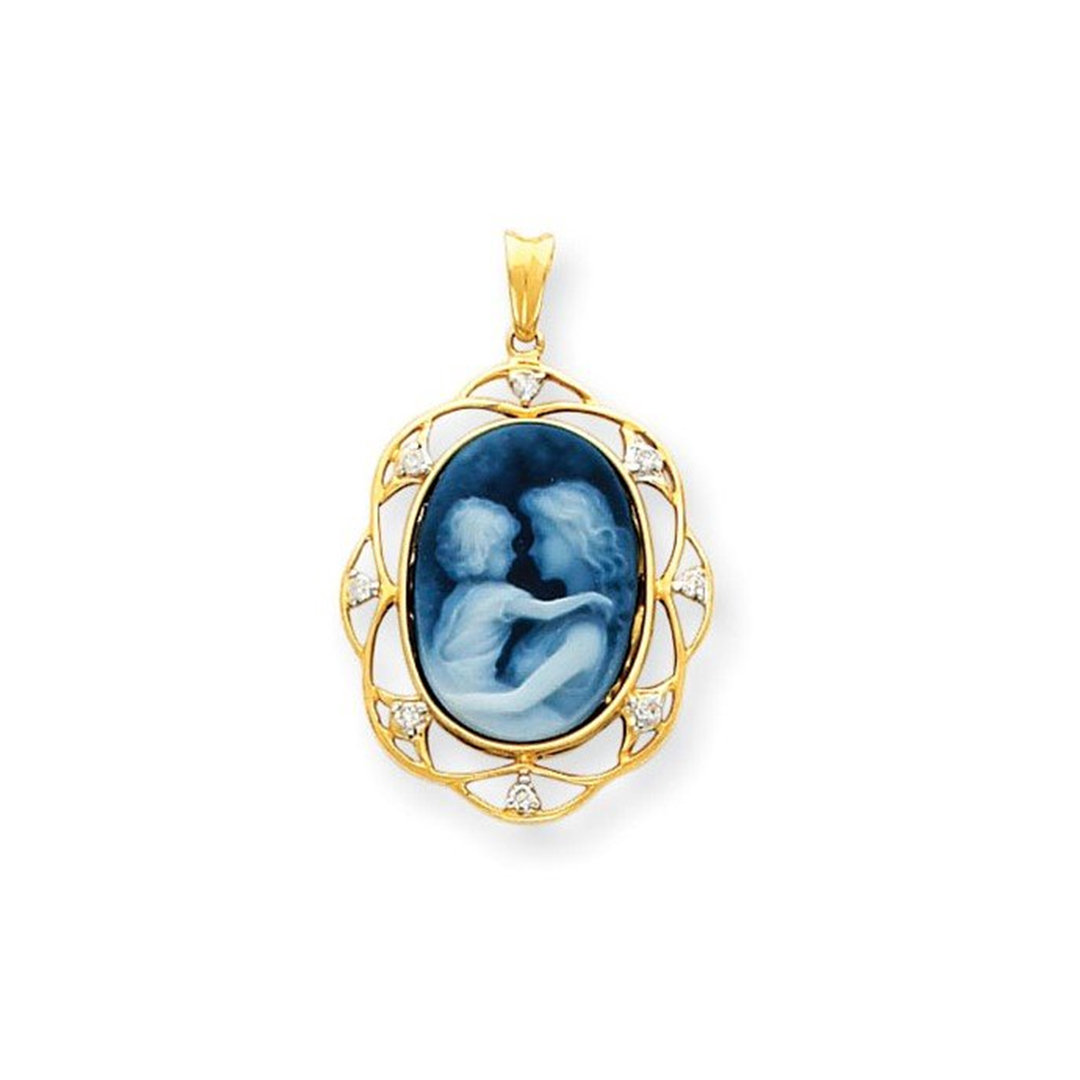 14k .06ct Diamond 13x18mm Mother and Child Agate Cameo with Sentiment Pendant The Gold Store