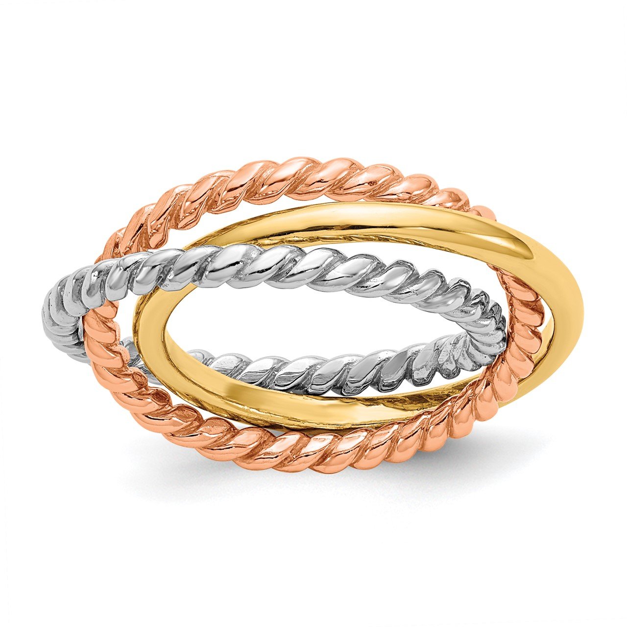 14k Tri-Color Rope Polished 3-band Interlocking Ring