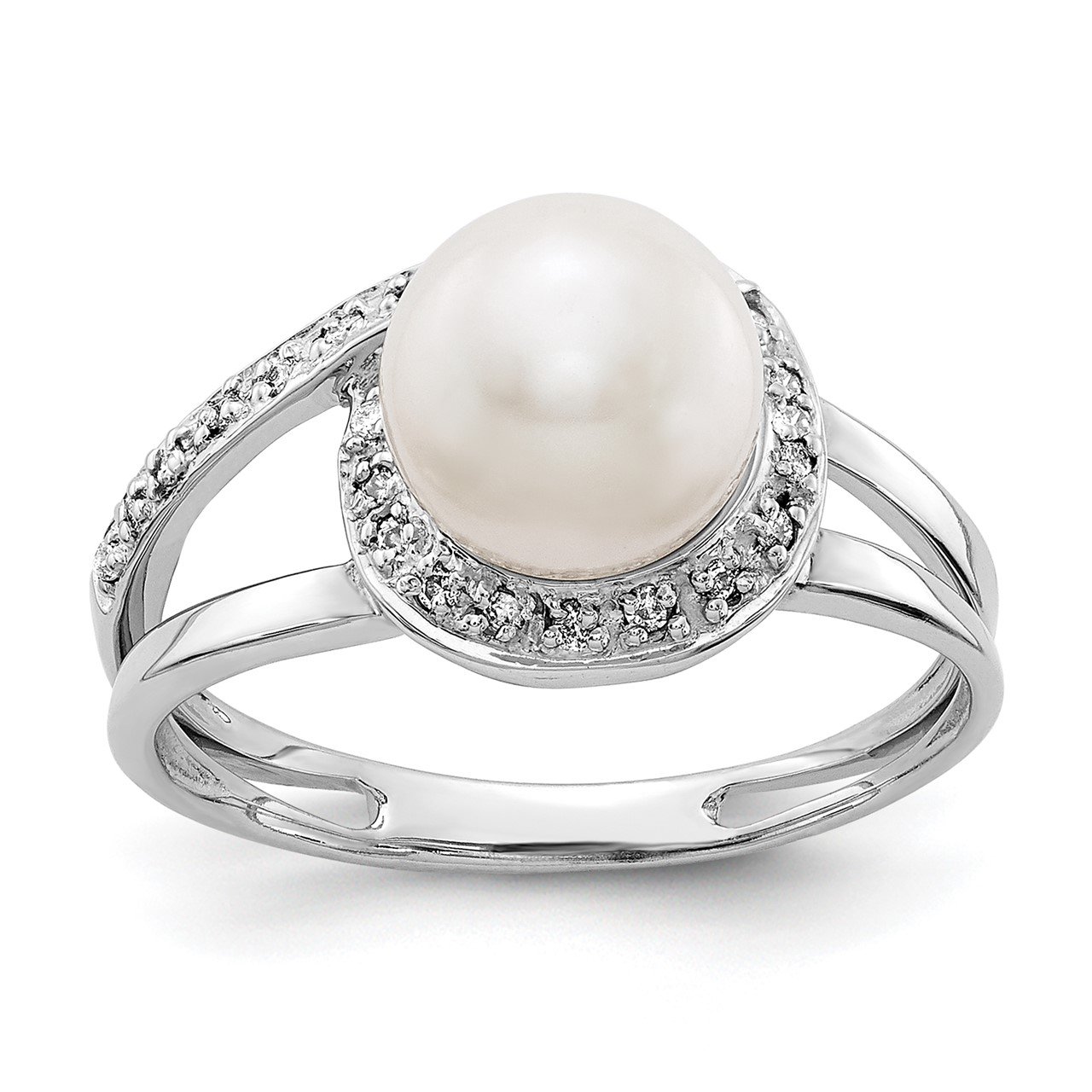 14k White Gold 7.5mm FW Cultured Pearl AAA Diamond ring