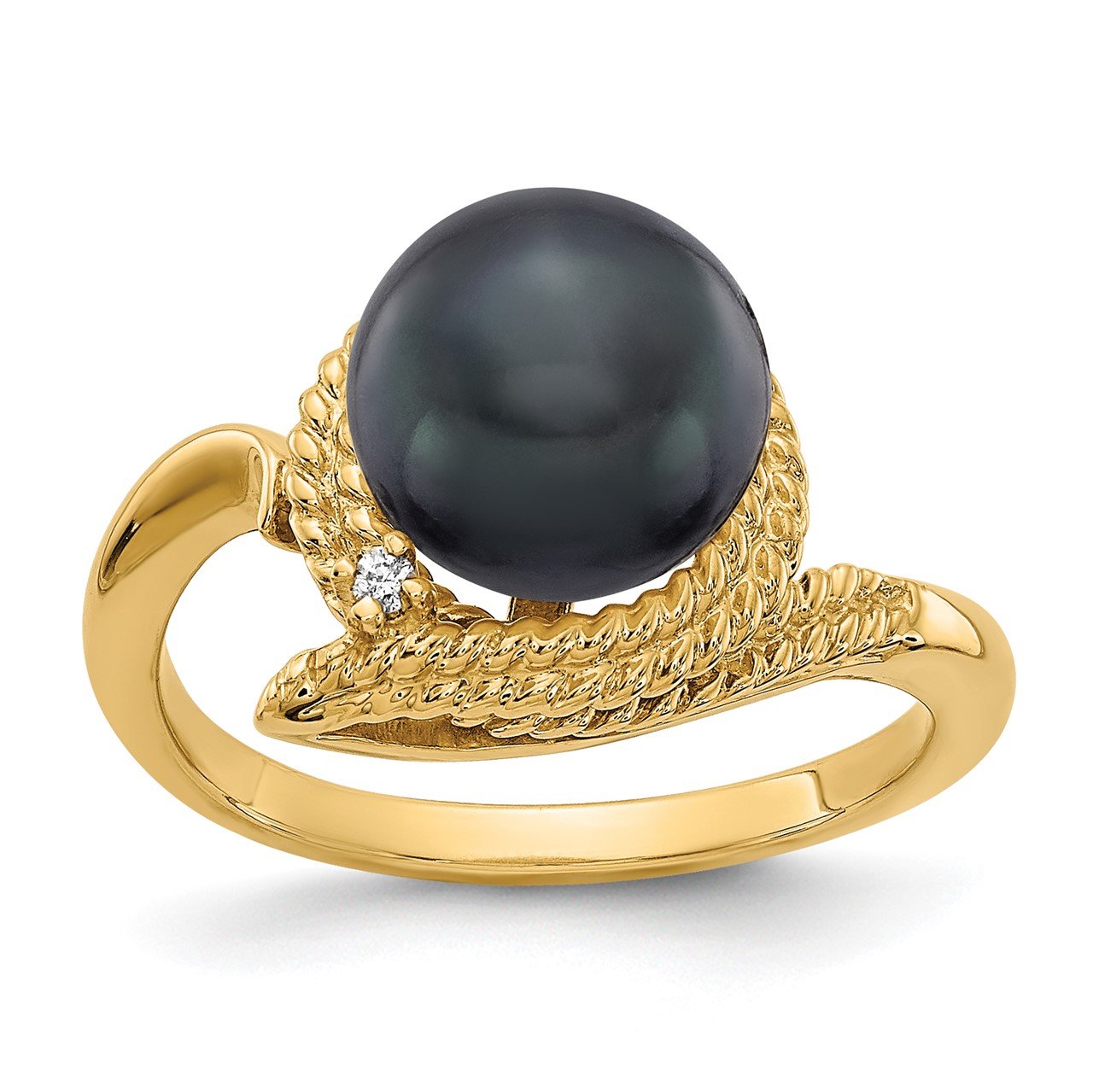 14k 8.5mm Black FW Cultured Pearl AAA Diamond ring