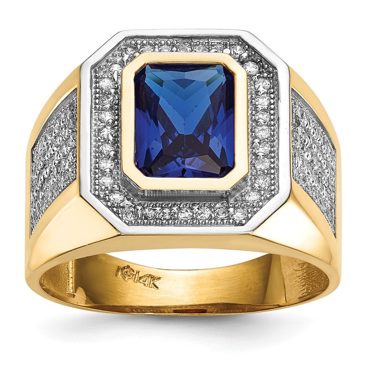 14k with Rhodium CZ and Emerald-cut Blue CZ Mens Ring