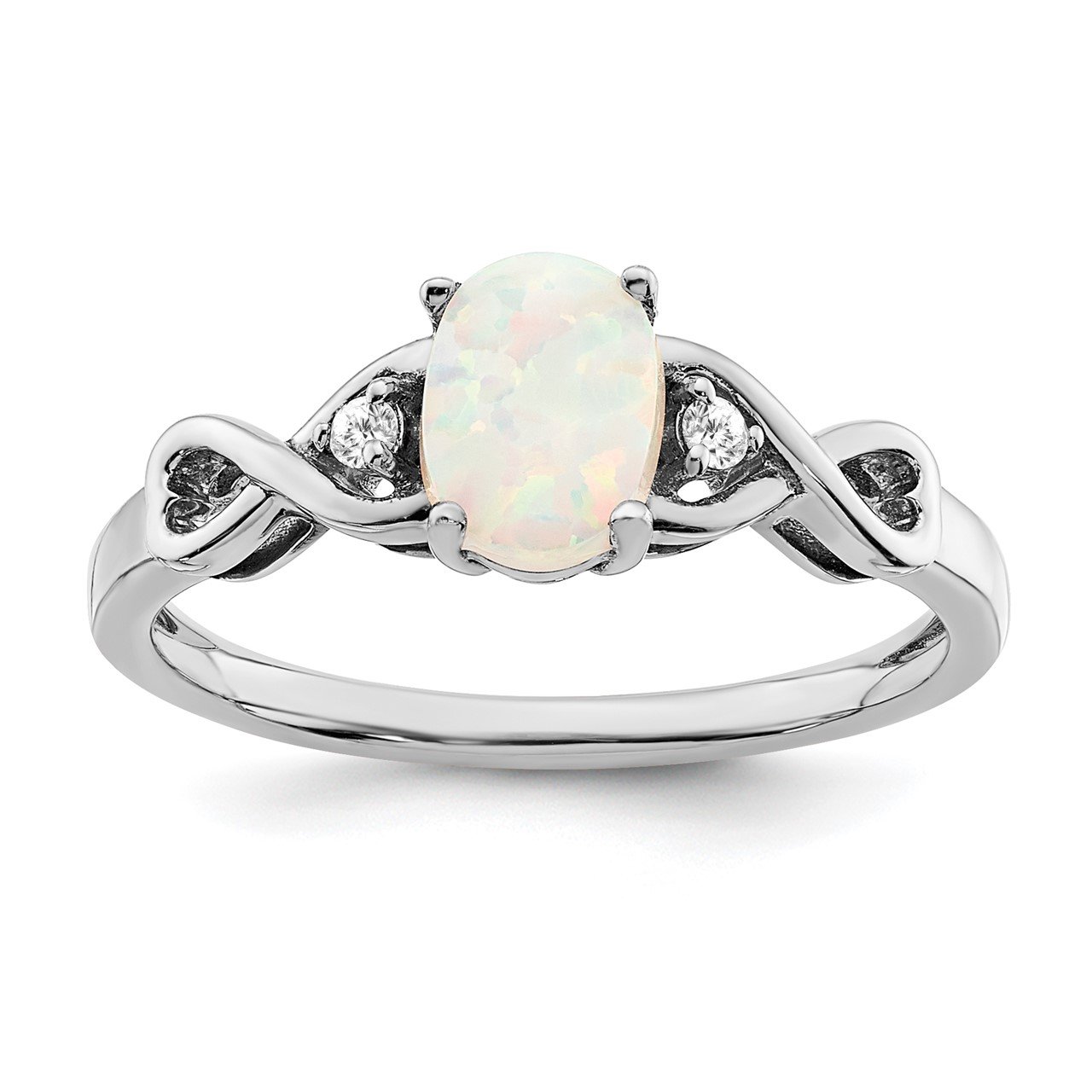 14k White Gold Created Opal and Diamond Ring