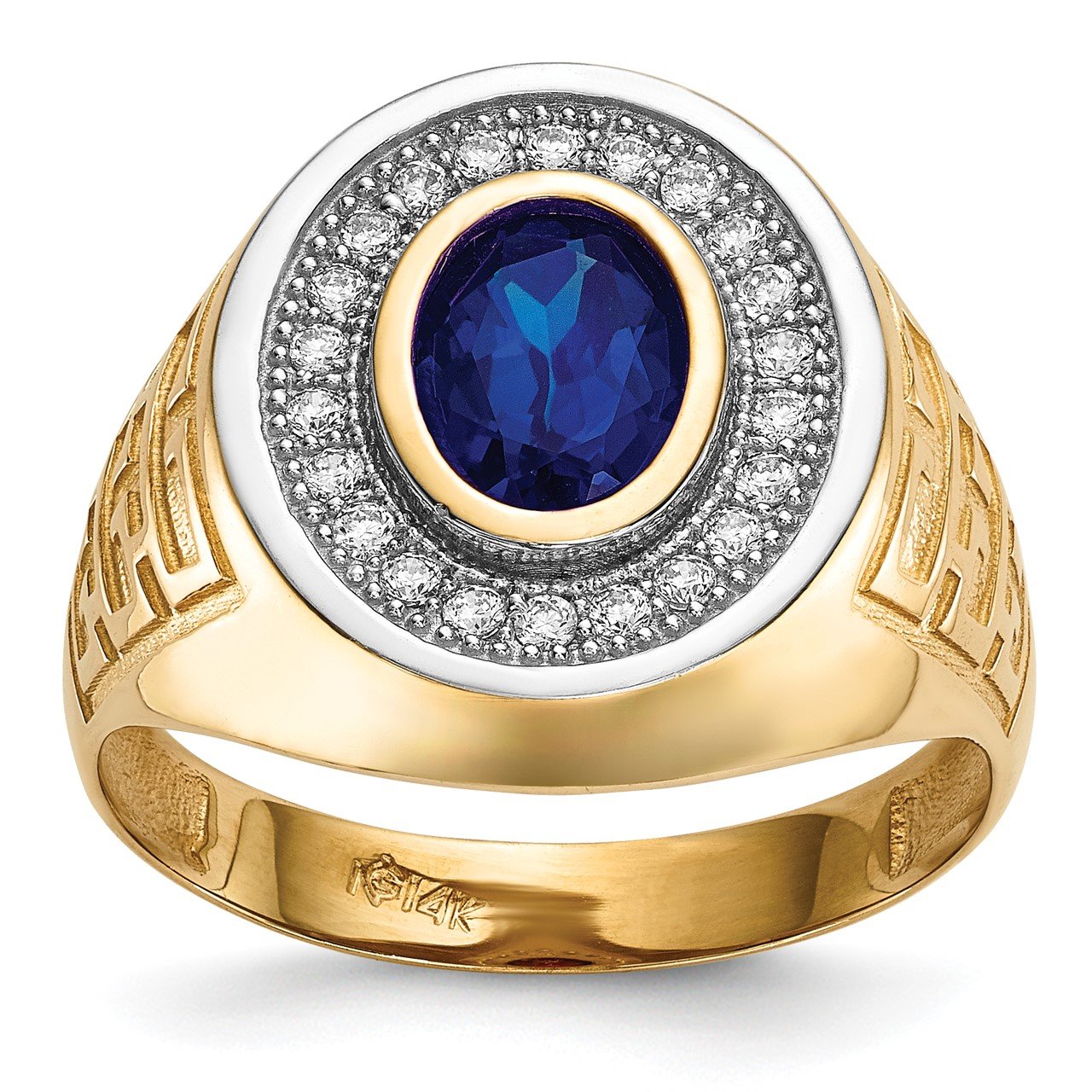14k with Rhodium CZ and Oval Blue CZ Mens Ring