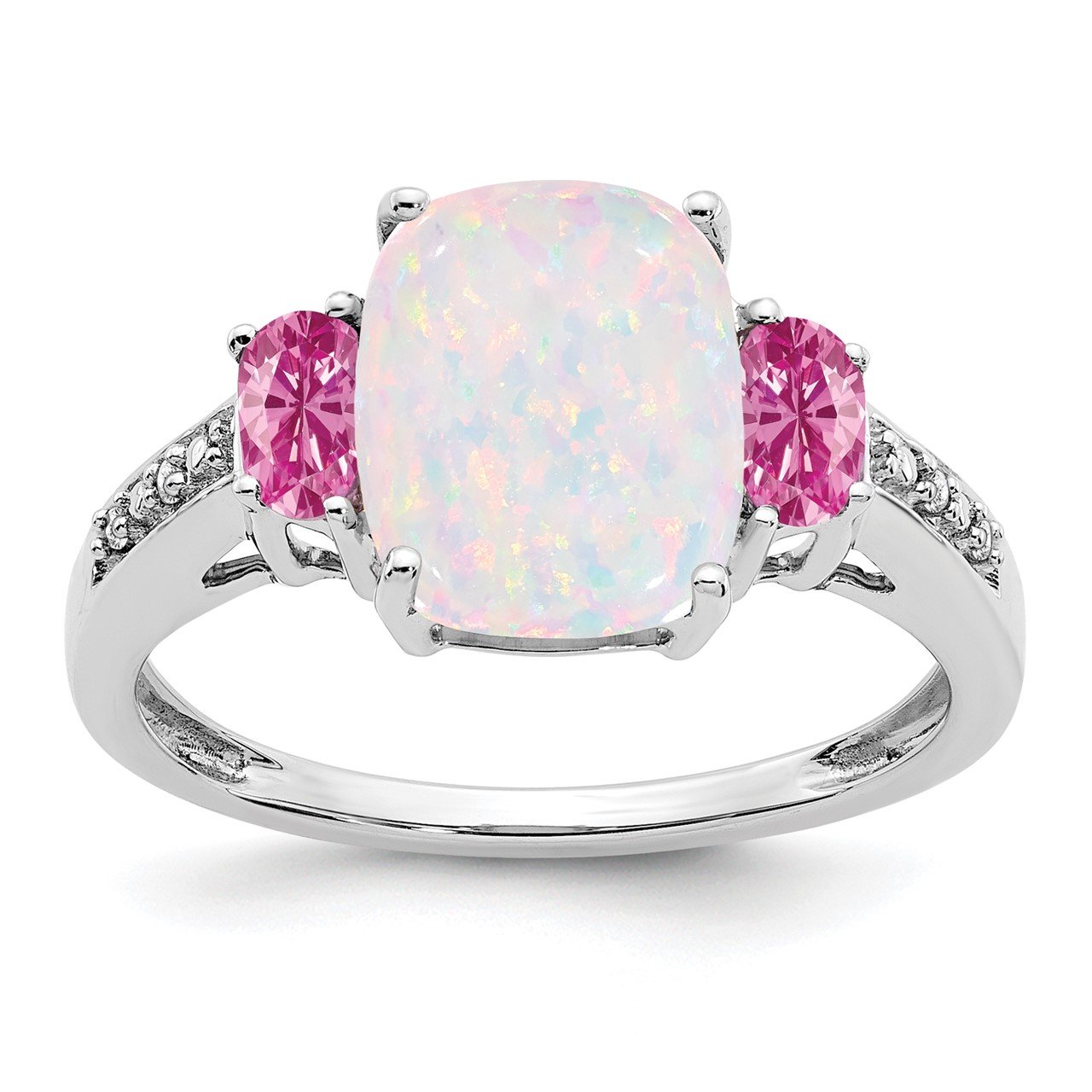 14k White Gold Created Opal/Created Pink Sapphire/Diamond Ring