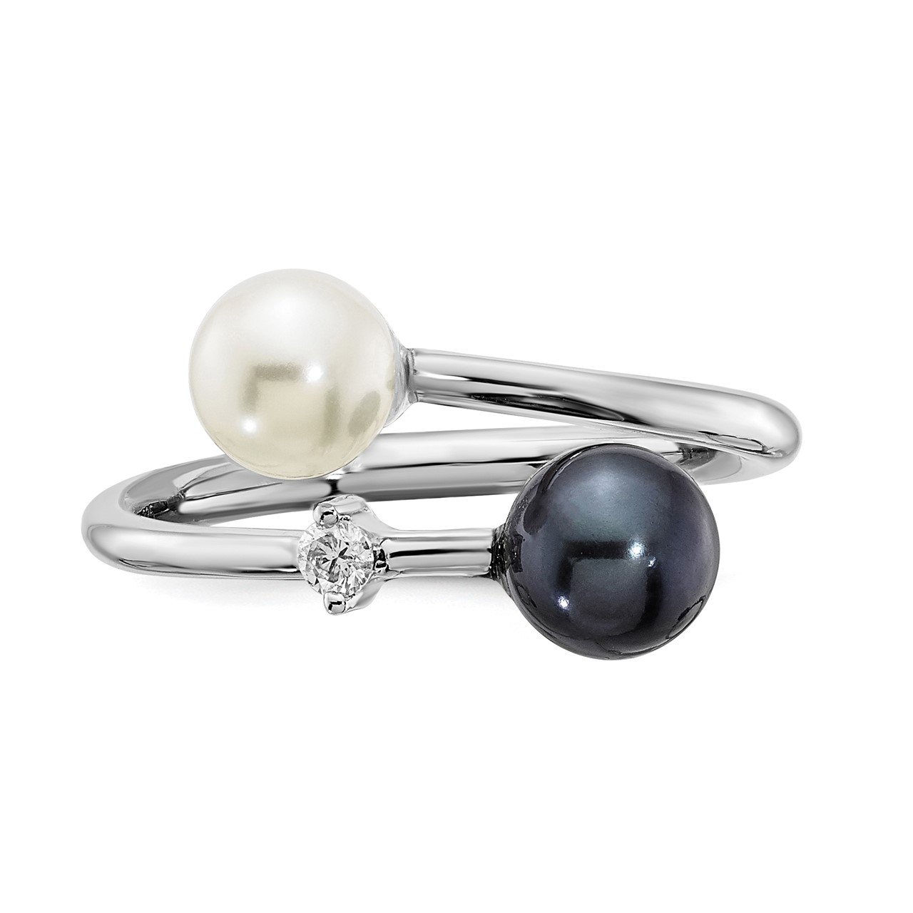 14K WG 5-6mm Round Black and White Saltwater Akoya Pearl Dia. Adj. Ring-3