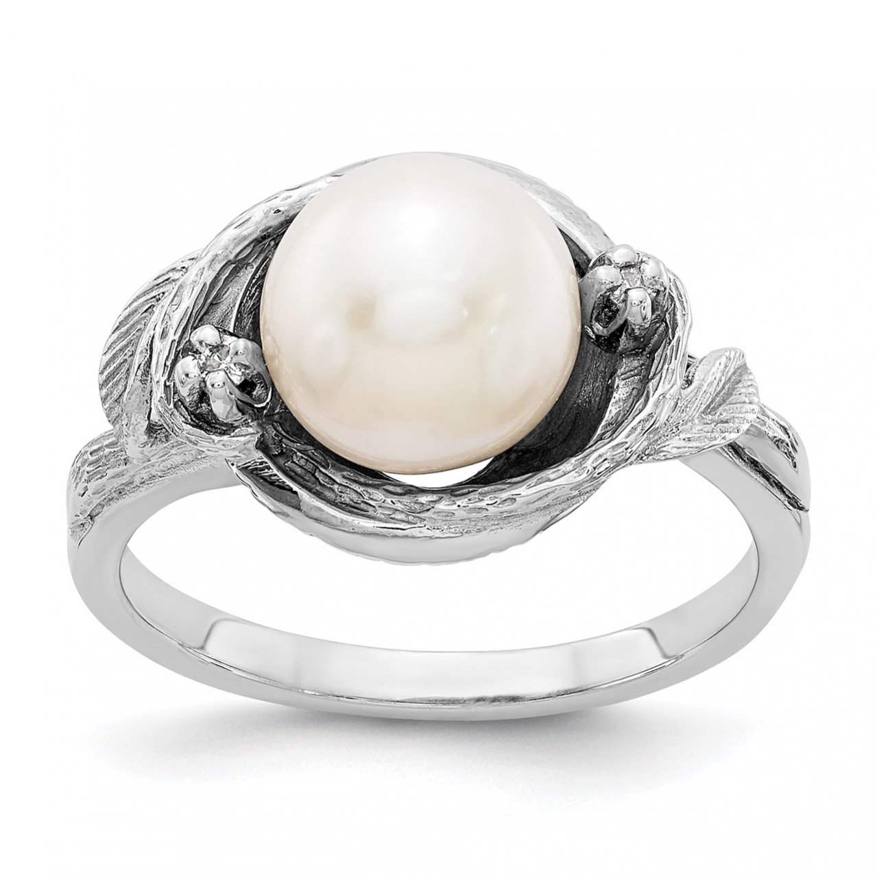 14k White Gold 7.5mm FW Cultured Pearl AAA Diamond ring | The Gold Store