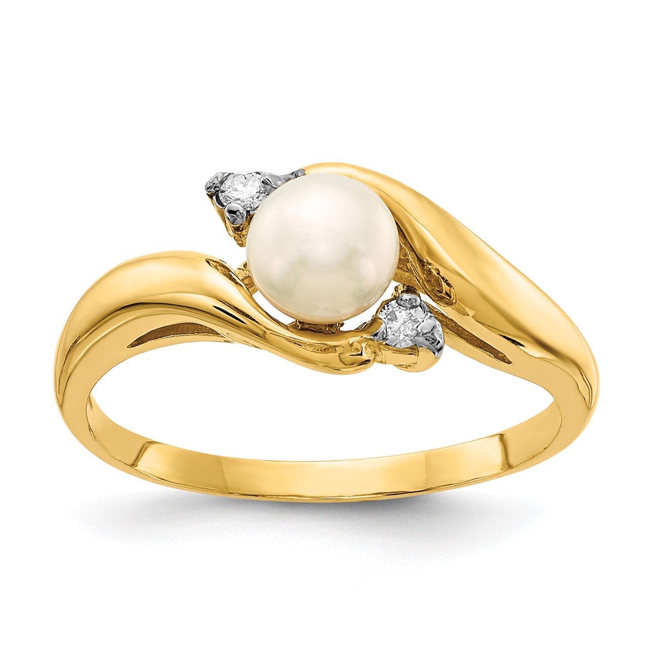 14K 5-6mm White Button Freshwater Cultured Pearl .04tw Diamond Ring