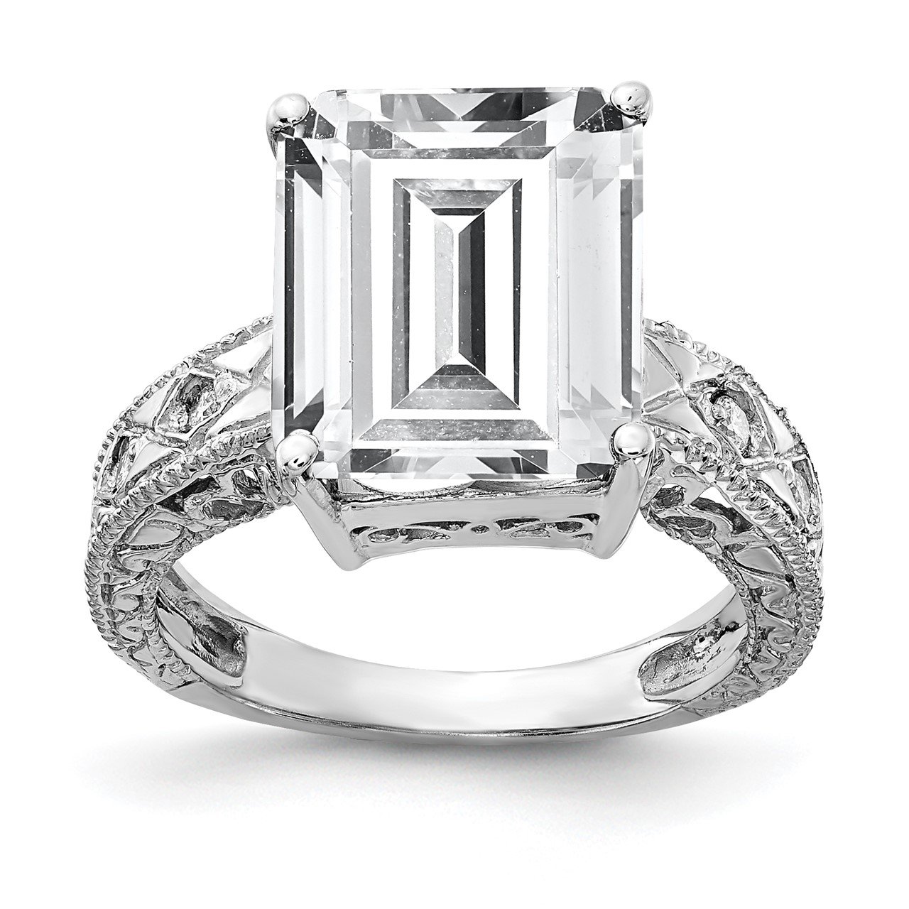 14k White Gold 12x10mm Emerald Cut Cubic Zirconia A Diamond Ring