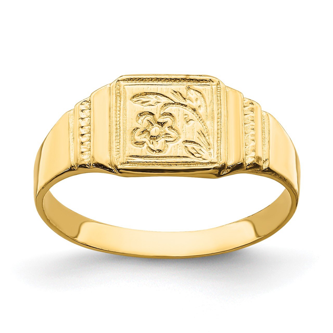 14k Flower Engraved Square Baby Signet Ring