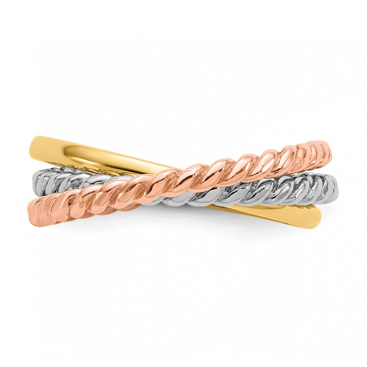 14k Tri-Color Rope Polished 3-band Interlocking Ring-2
