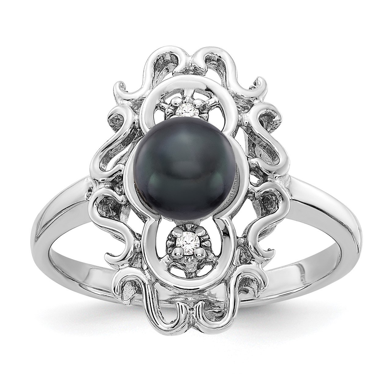 14k White Gold 5.5mm Black FW Cultured Pearl AAA Diamond ring