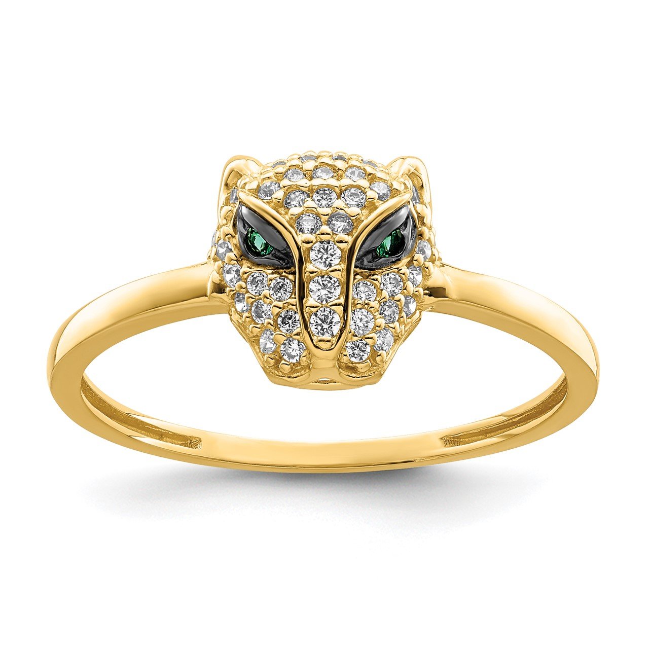 14K Polished Green and White CZ Lioness Head Ring