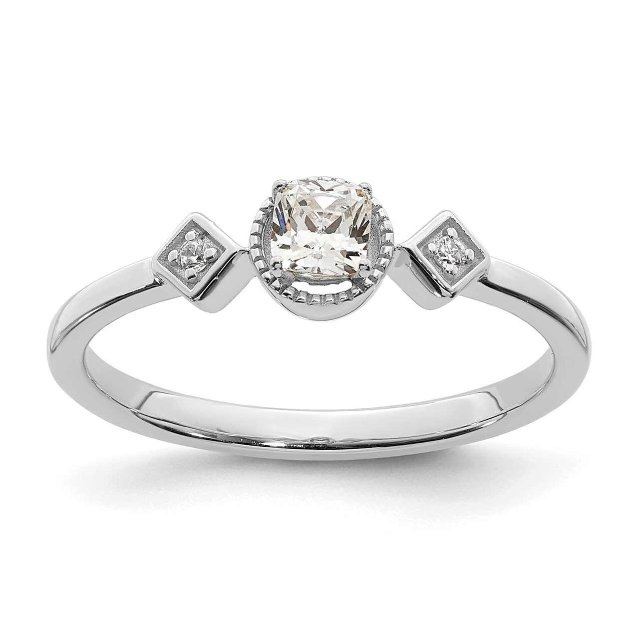 14k White Polish Petite Beaded Edge Cushion Complete Dia Ring