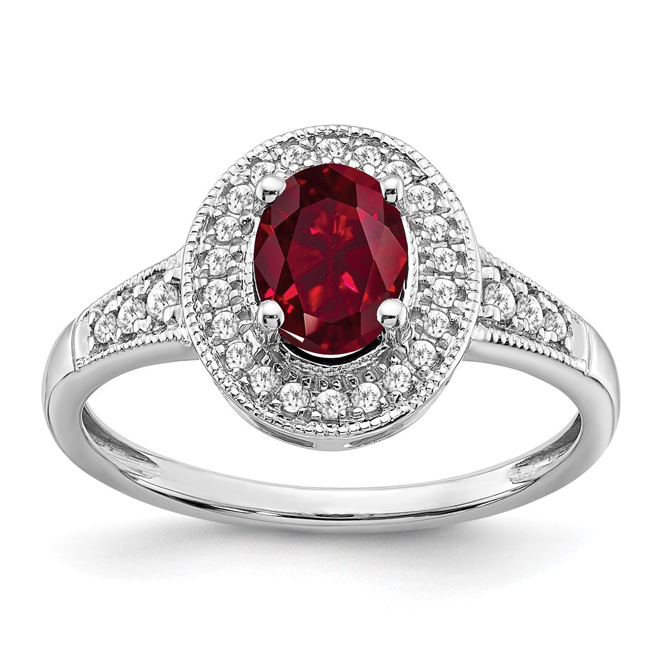 14k White Gold Oval Created Ruby and Diamond Halo Ring