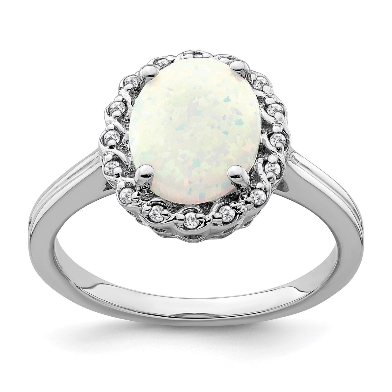 14k White Gold Created Opal and Diamond Halo Ring