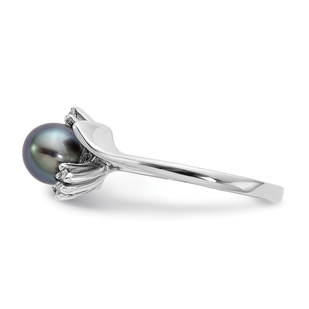 14k White Gold 6mm Black FW Cultured Pearl AA Diamond ring-2