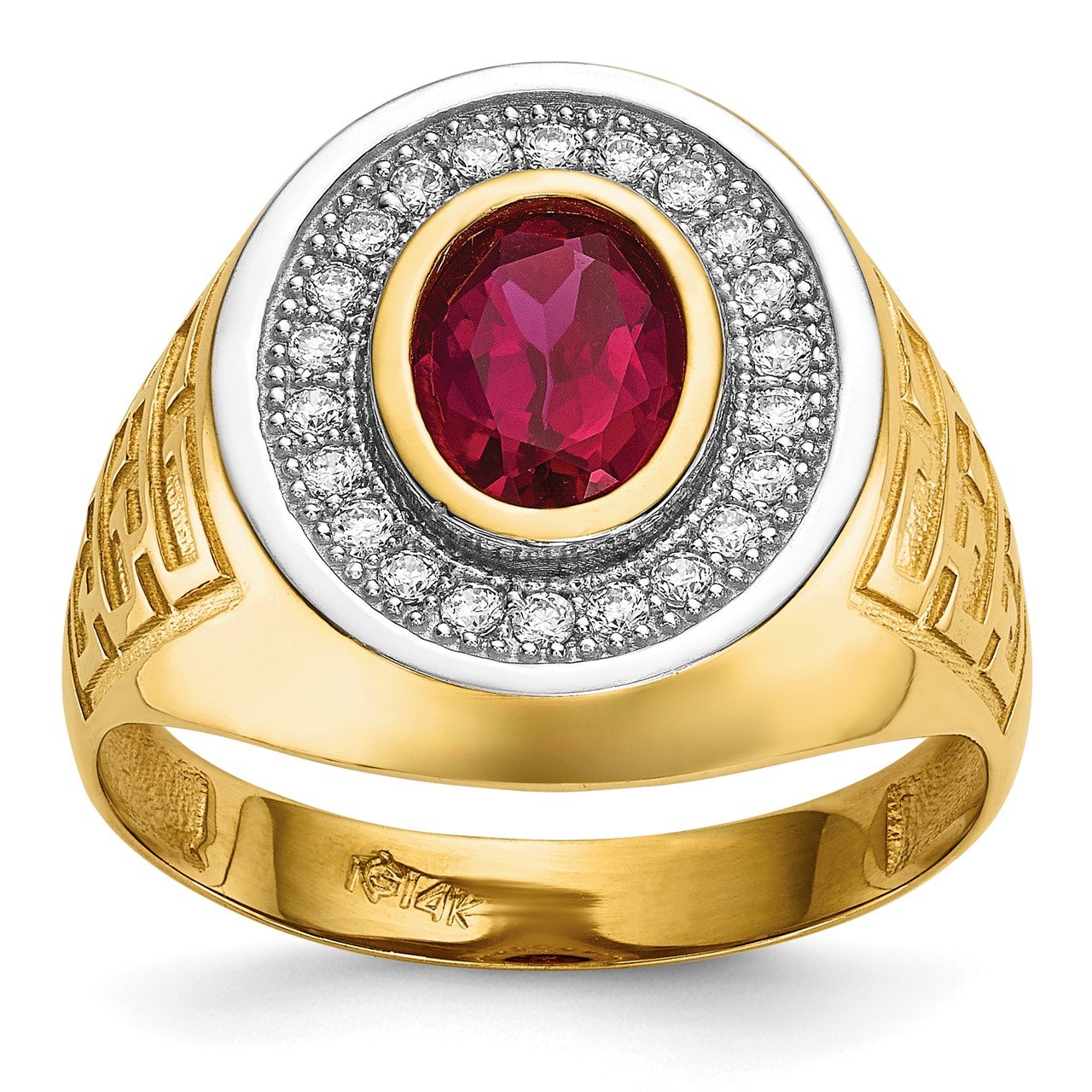 14k with Rhodium CZ and Oval Red CZ Mens Ring