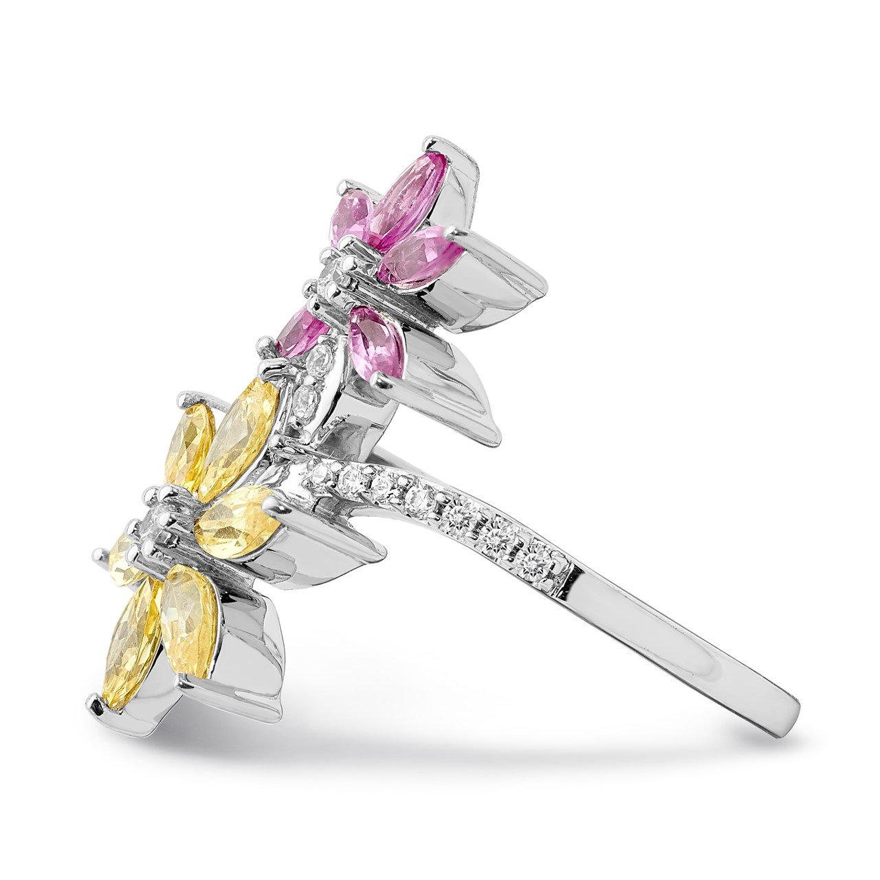 14kWhite Gold Diamond and Citrine/Pink Tourmaline Flower Ring-2