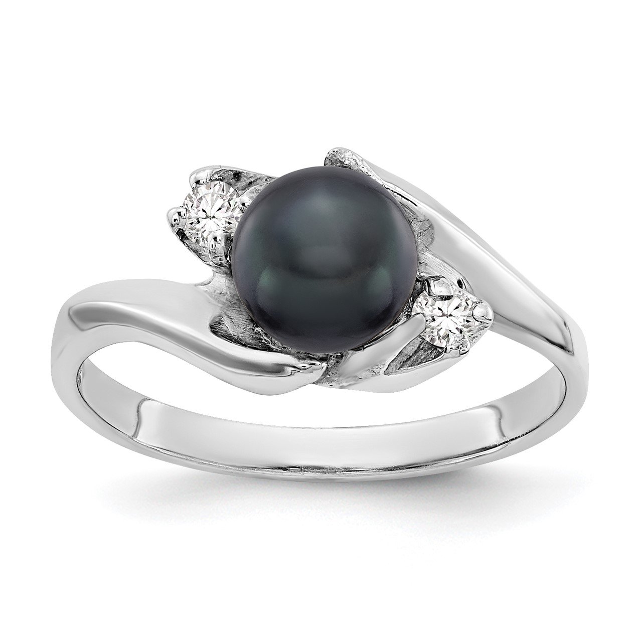 14k White Gold 6mm Black FW Cultured Pearl AA Diamond ring