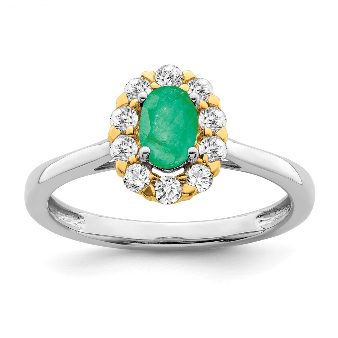 14k Two-tone Emerald and Diamond Halo Ring